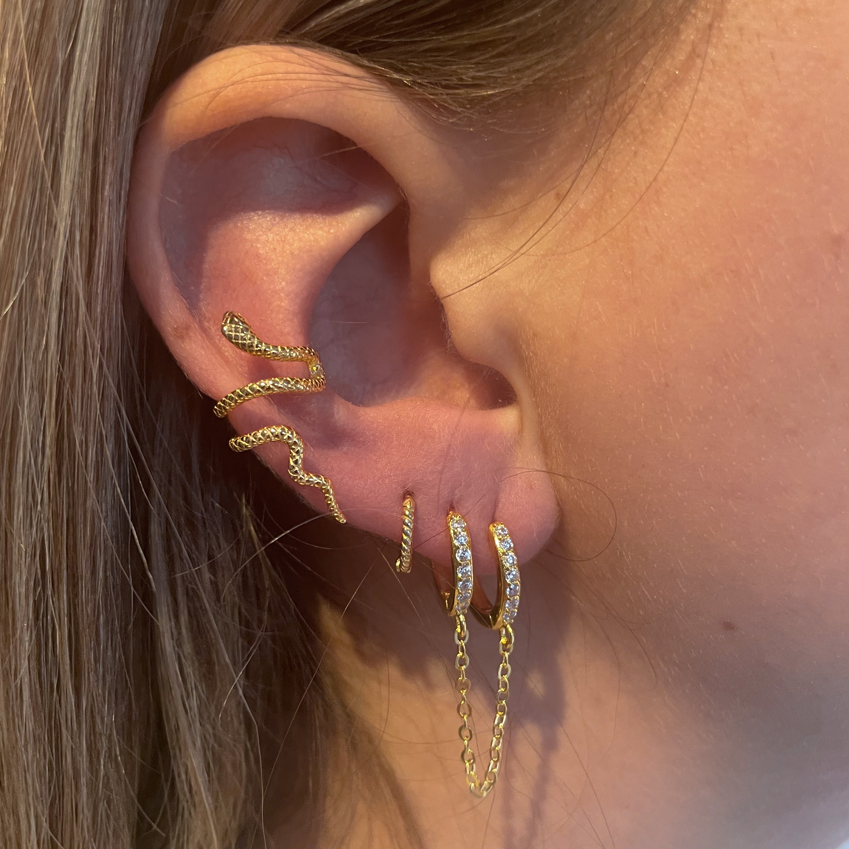 double huggie earring Gold | Snake Ear Cuff